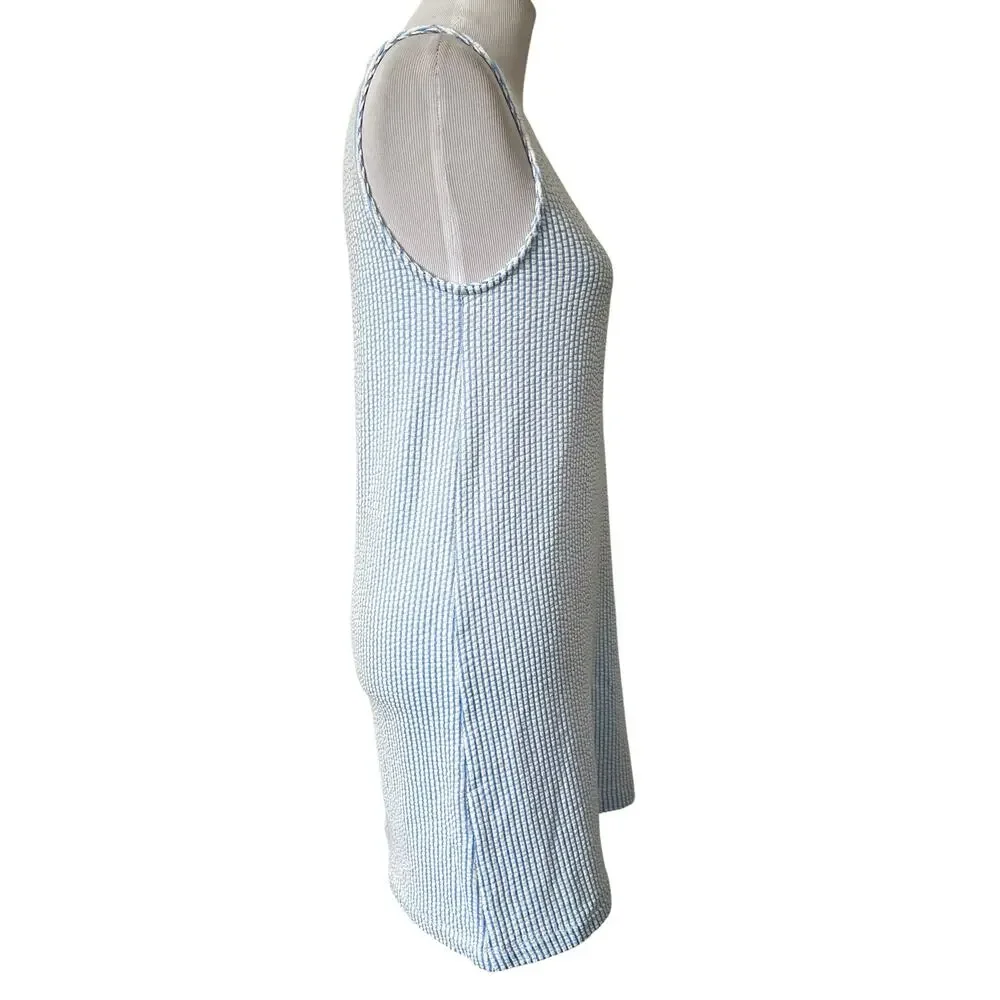 Women’s Seersucker Mini Dress Blue & White Sleeveless Cotton Blend Stretch Sz M - Picture 6 of 8